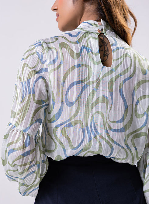 High Neck Printed Long Sleeve Top